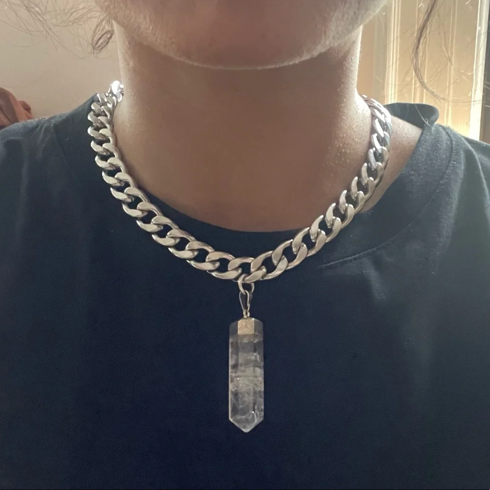 Statement large crystal quartz curb chain necklace silver - Picture 1 of 7